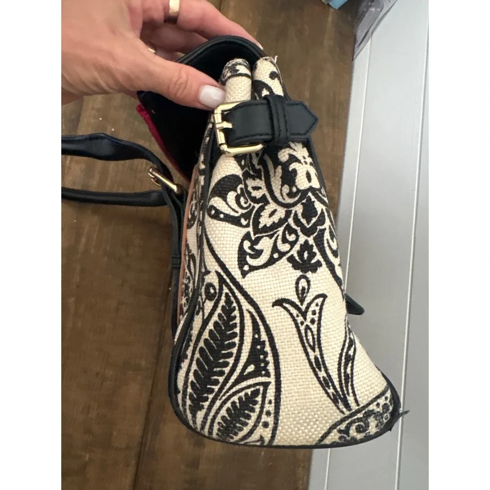 Spartina 449 Satchel Bag Black Cream Paisley Linen Leather Trim Gold Hardware
